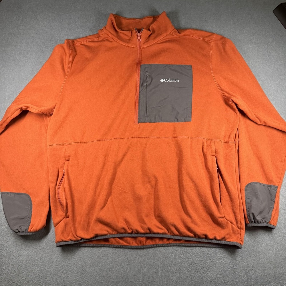Columbia‎ Fleece Jacket Mens 2XL Orange Colorblock 1/2 Zip Chest Pocket Pullover